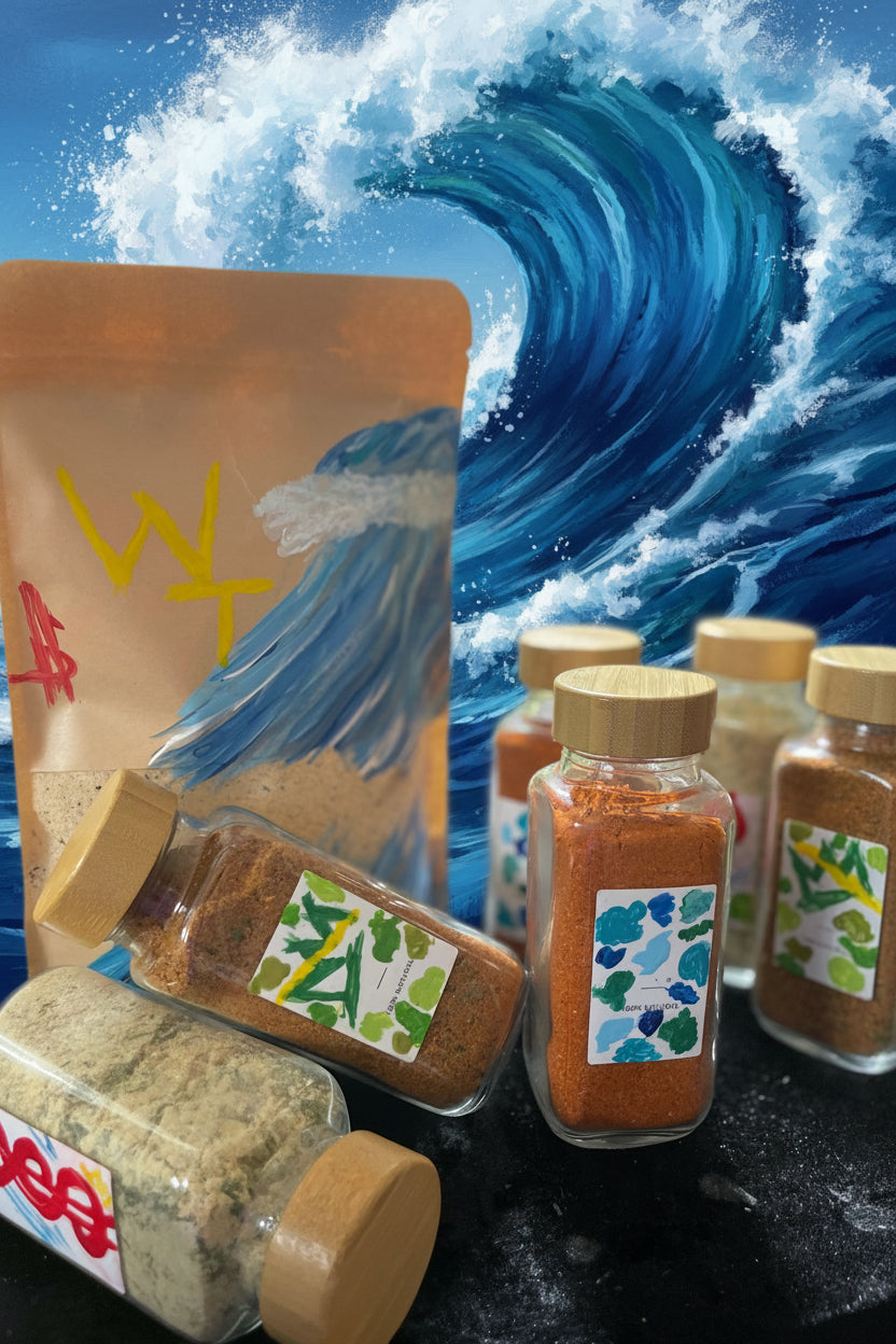 A set of small clear glass spice jars with light wood lids and colorful botanical labels, arranged in front of a kraft paper pouch with a blue wave illustration.